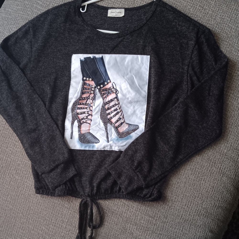 Charcoal Long Sleeve Top with Graphic Print
